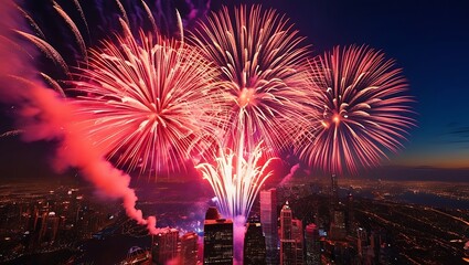 This captivating aerial image captures a high-resolution view of colorful fireworks bursting over a sprawling cityscape. Viewed from above, the radiant patterns.