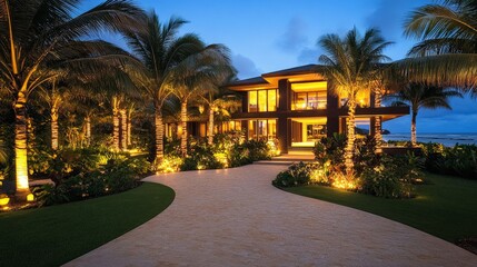 Obraz premium Luxurious modern house surrounded by palm trees and lush gardens