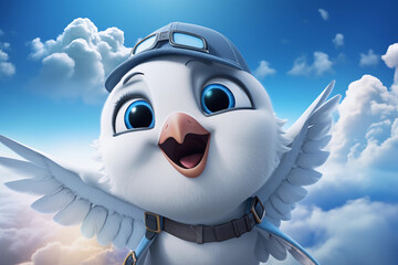 Cartoonish Images of Aero the Aviator, a Friendly Bird, Soaring Through Cloudy Skies and Meeting Fluffy Cloud Characters – Generative AI