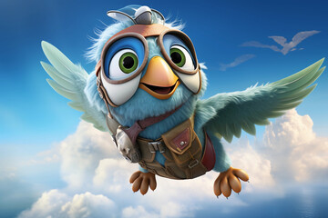 Cartoonish Images of Aero the Aviator, a Friendly Bird, Soaring Through Cloudy Skies and Meeting Fluffy Cloud Characters – Generative AI