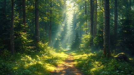 Sunbeams illuminate a path through a dense green forest.