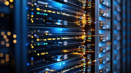 Naklejka premium Data Center Side Angle Shot with Serving Rows