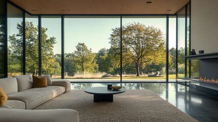 Sunroom with large windows in modern home, bright interior space connects to outdoor patio, luxury residential architecture