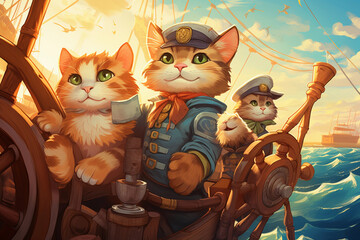 Cartoonish Scenes of Captain Paws, a Cat Captain, and His Animal Sailor Crew on a Fantastical Journey Aboard a Flying Ship – Generative AI