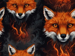Fototapeta premium Aggressive mystical angry wolf on a dark background with smoke and fire,scary fox in the night in fire,A wolf with glowing eyes surrounded by flames.