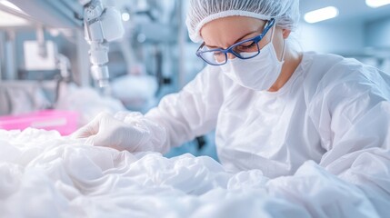 Naklejka premium Garment Technologist Inspecting Fabric with Care