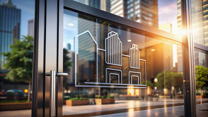 Office Glass Door with Cityscape Decal in Urban Setting