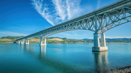 Fototapeta premium Multi-Span Bridge - Impressive view of a bridge with multiple spans over a large body of water, representing structural innovation and beauty.