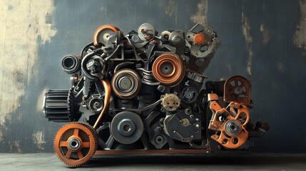 Fototapeta premium Recycled Parts Engine - Eco-friendly engine design made from recycled parts, focusing on sustainability and creative reuse in industrial design.