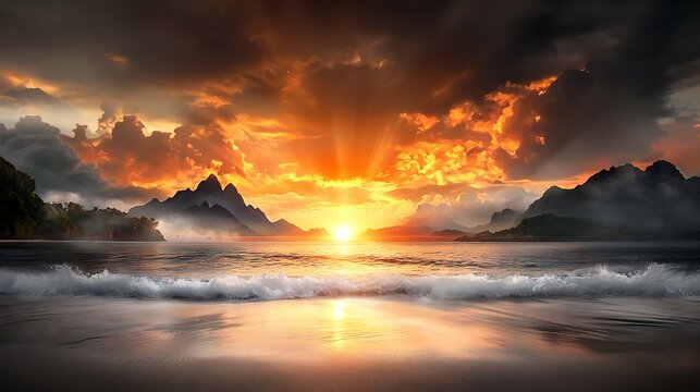 A beautiful sunrise over a coastal beach, with waves gently crashing, symbolizing a fresh start and the positive impact of nature on well-being; Ultra-Realistic, Photo Realistic, highly detailed, 