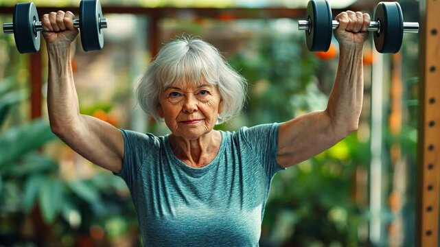 A senior exercising with dumbbells. An old woman exercises.
