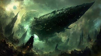 Fototapeta premium Futuristic Cityscape with Spaceship and Alien Landscape