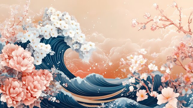 A vibrant, stylized depiction of waves and blooming flowers, blending elements of nature with artistic flair.