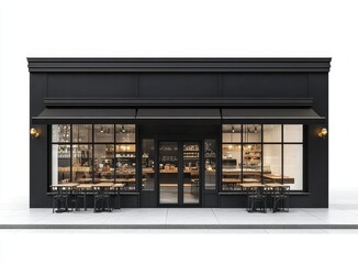 Modern black storefront with a glass front and a black awning, patio tables and chairs, and a white background.