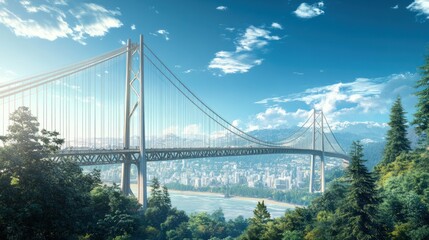 Fototapeta premium Suspension Bridge - Iconic suspension bridge view with tension cables and tall support towers, set against a scenic urban or natural background.