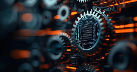 Obraz premium Close-up of intricate gears with an orange and blue glowing background.
