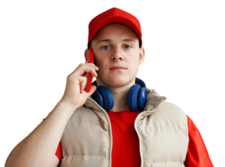 A young male employee in a red uniform is talking on a smartphone. isolate. portrait of a European dispatcher, courier, delivery worker. cellular communication concept.