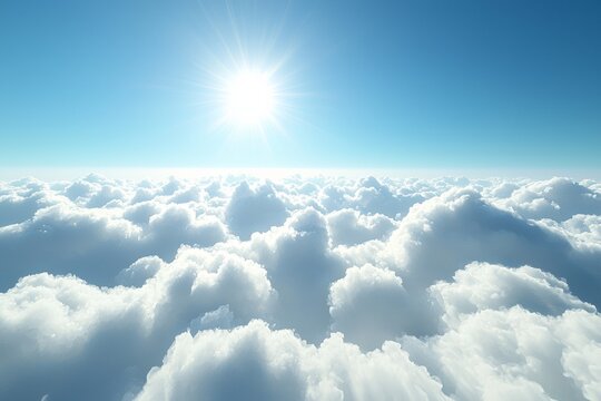 Bright sunlight shining over a vast layer of fluffy clouds in a clear blue sky. This image is ideal for themes of tranquility, freedom, nature, and optimism.