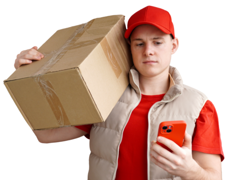 Delivery man looking at the mobile to buy the address where to deliver. a young loader in a red uniform with a smartphone in his hand. isolated background.
