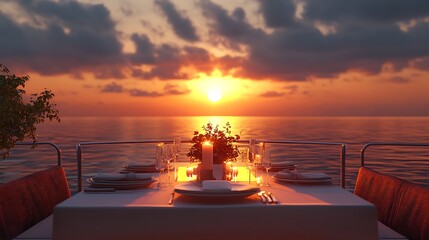 A stunning table arrangement aboard a boat at dusk Ideal for romantic evenings spent on the ocean outside