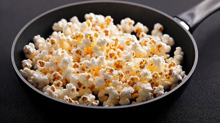 Freshly popped popcorn in a frying pan, perfect for snacking and movie nights.