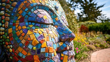 Colorful Buddha Mosaic Sculpture in Vibrant Garden Setting