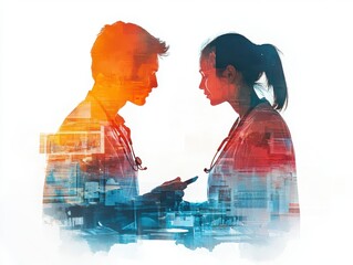 Healthcare professionals discussing patient care with technology overlay.