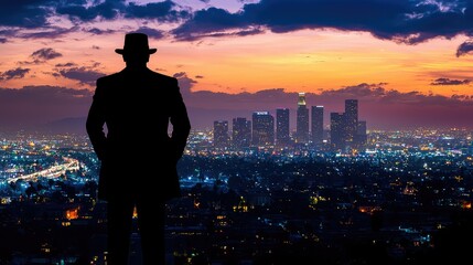 Fototapeta premium Silhouette of a Boss Against City Skyline at Sunset