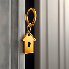 Opening door with golden house key chain on fuzzy interior background and mockup for your advertisement. Homebuying idea. Generative AI