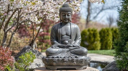 Obraz premium Serene Buddha Statue Amidst Blooming Cherry Blossoms