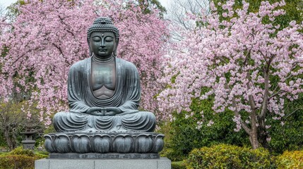 Serene Buddha Statue Among Cherry Blossoms