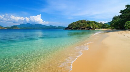 Fototapeta premium Scenic view of a beautiful sandy beach with soft waves and clear blue sky, perfect for relaxation and summer vacation, coastal landscape