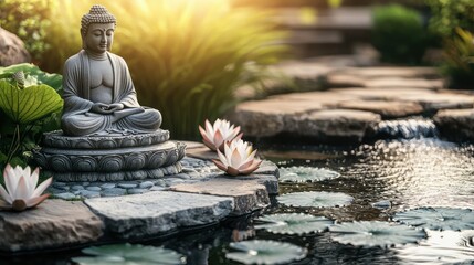 Serene Buddha in Tranquil Garden with Flowing Water