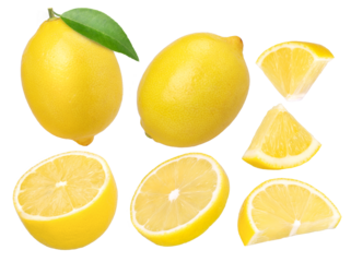 lemon fruit, piece and half isolated, Fresh and Juicy Lemon, transparent PNG, PNG format, cut out, collection, set