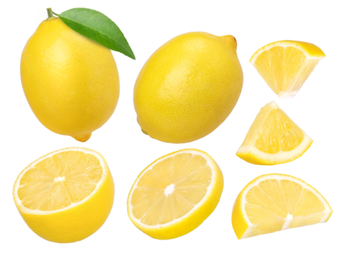 lemon fruit, piece and half isolated, Fresh and Juicy Lemon, transparent PNG, PNG format, cut out, collection, set