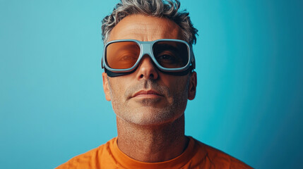 A man wearing VR glasses with a clean background