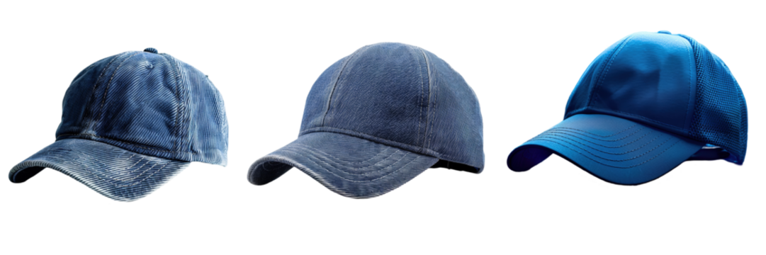 Three Blue Caps, Progressive Sizes, Casual Headwear Display Isolated on white background or PNG