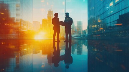 Silhouettes of two business professionals shaking hands in a modern office.