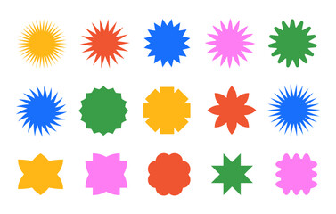 Colorful set of starburst shapes, sale price tag, sun icon or label isolated on a white background.  Vector illustration