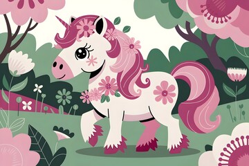 Mythical unicorn cartoon-style fantasy magic for children's book illustration adorable clouds