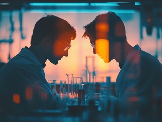 Two scientists in a lab, focused on research and experiments.