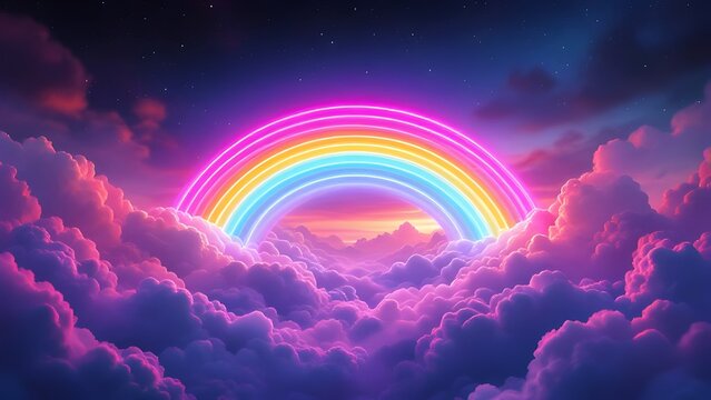 Vibrant rainbow with pink clouds dreamy fantasy evening landscape horizon