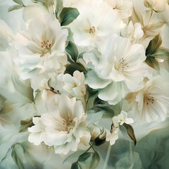 Ethereal bouquet of white and ivory flowers, delicate green leaves, watercolor style,Generative AI
