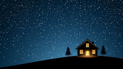 Fototapeta premium Cozy Cabin in Winter Snowy Night Scene