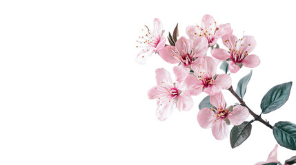 Obraz premium A beautiful arrangement of pink cherry blossoms with lush green leaves, depicting the essence of spring and nature's beauty, perfect for decor and design themes.