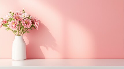 Fototapeta premium A delicate bouquet of flowers in a white vase sits atop a clean surface, casting soft shadows against a light pink wall.