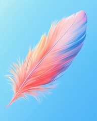 Obraz premium A delicate, colorful feather floats gracefully against a soft blue background, showcasing vibrant shades of pink and blue.