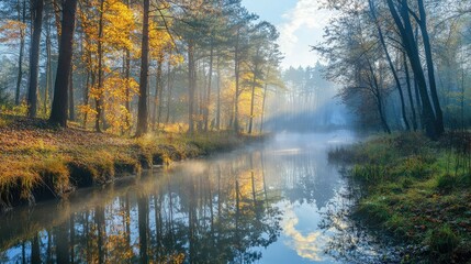 Foggy River Landscape in Autumn Forest