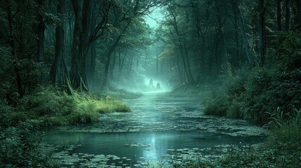 Obraz premium Misty Forest Landscape with River and Fog