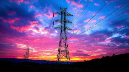 At sunrise, the huge high-voltage transmission tower